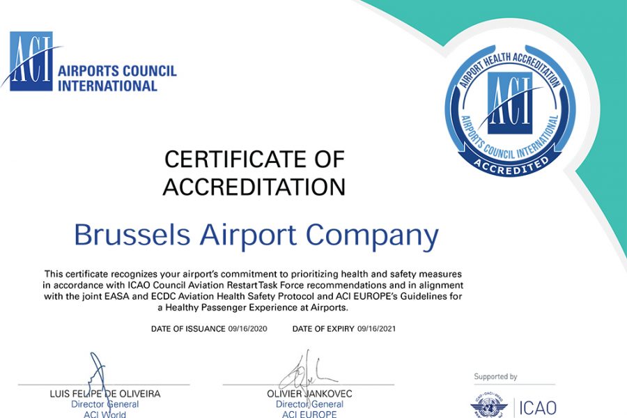 Brussels Airport obtains Airport Health Accreditation in compliance with the recommendations by ICAO and the protocol issued by EASA/ECDC